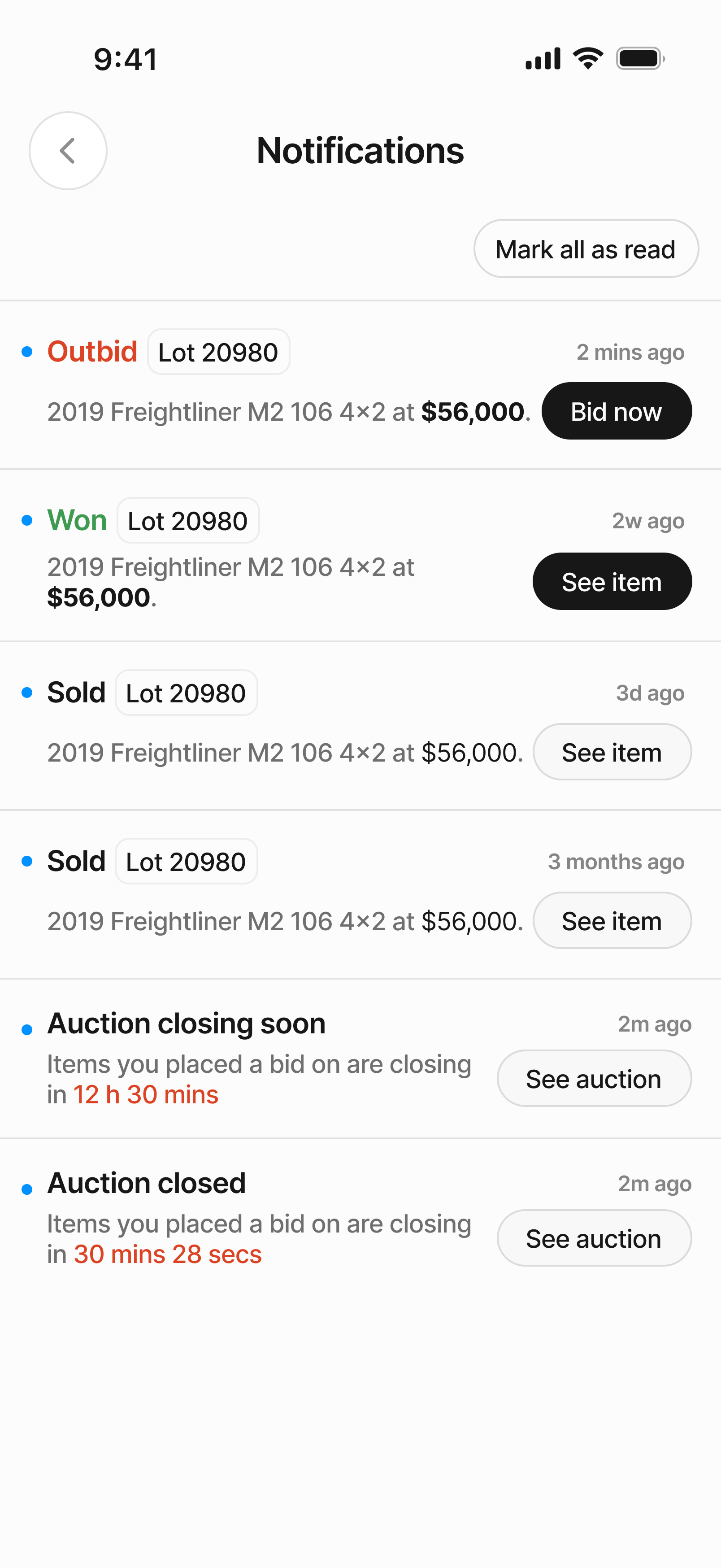 Mobile app notification center showing Outbid, Won, Sold and Auction closing alerts