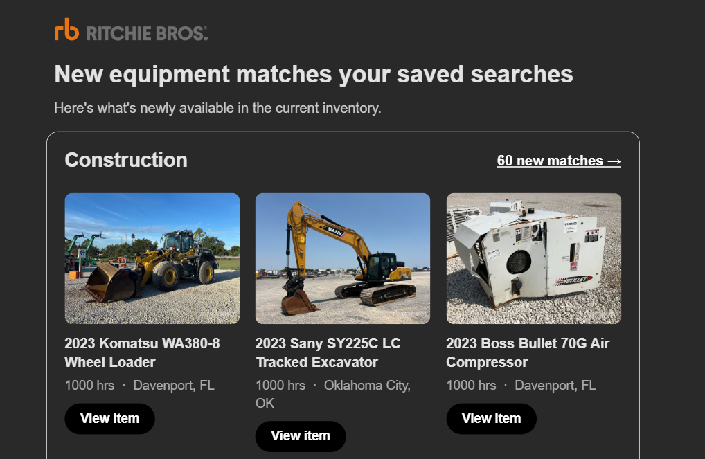 After: the new alert email, with photo cards showing year, name, hours and location under a Construction search with 60 new matches