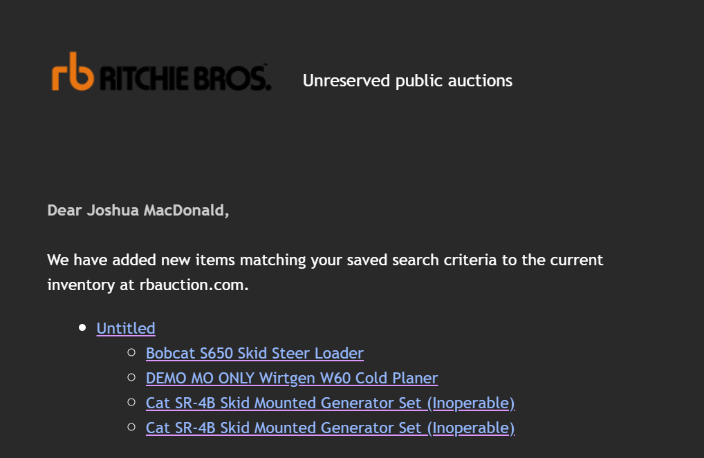 Before: the old alert email, a plain list of item links under a search called Untitled