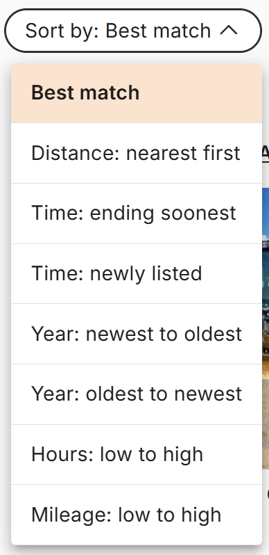 After: the sort menu with Best match, Distance: nearest first, Time: ending soonest, Time: newly listed, Year, Hours and Mileage