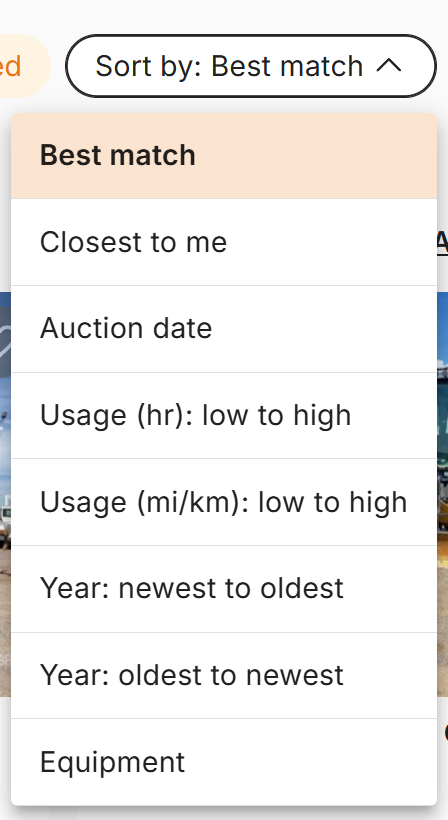 Before: the sort menu with Best match, Closest to me, Auction date, Usage (hr), Usage (mi/km), Year and Equipment
