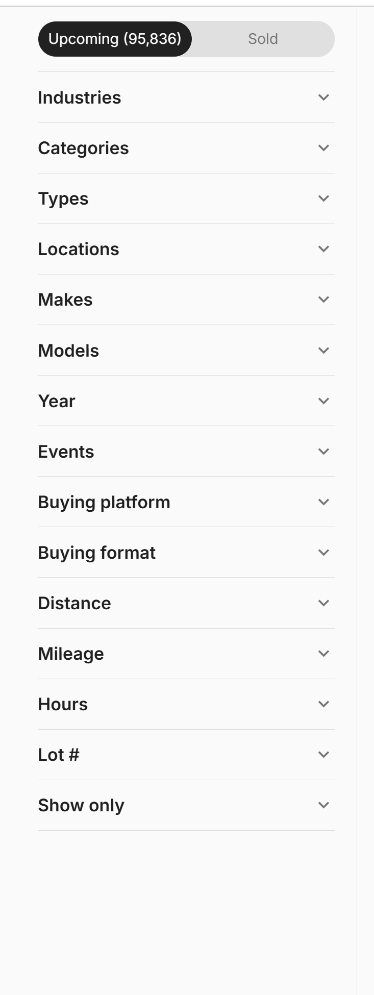 After: the tighter filter sidebar ordered Locations, Makes, Models, Year, Events, Buying platform, Buying format, then Distance, Mileage, Hours, Lot number and Show only