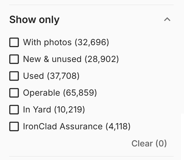 After: a Show only filter with With photos, New and unused, Used, Operable, In Yard and IronClad Assurance