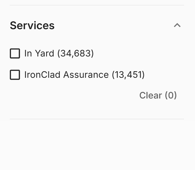 Before: a Services filter with In Yard and IronClad Assurance