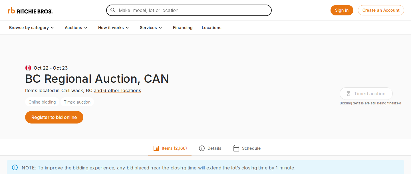 Auction page showing Chilliwack, BC and a link reading and 6 other locations