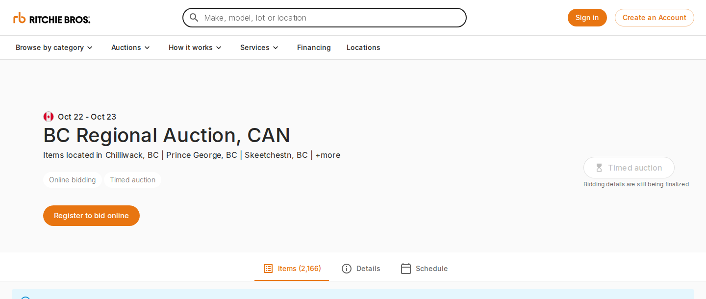 Auction page listing three locations separated by bars, then +more