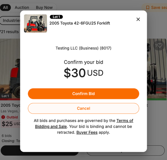 Confirm your bid screen with the lot number, item photo and title at the top