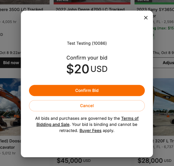 Confirm your bid screen showing only the account and amount