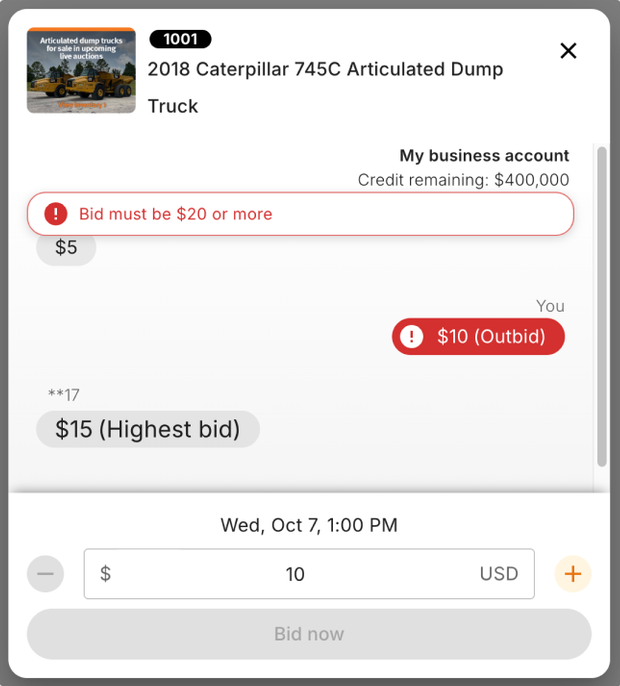 Error message covering the top of the bid history