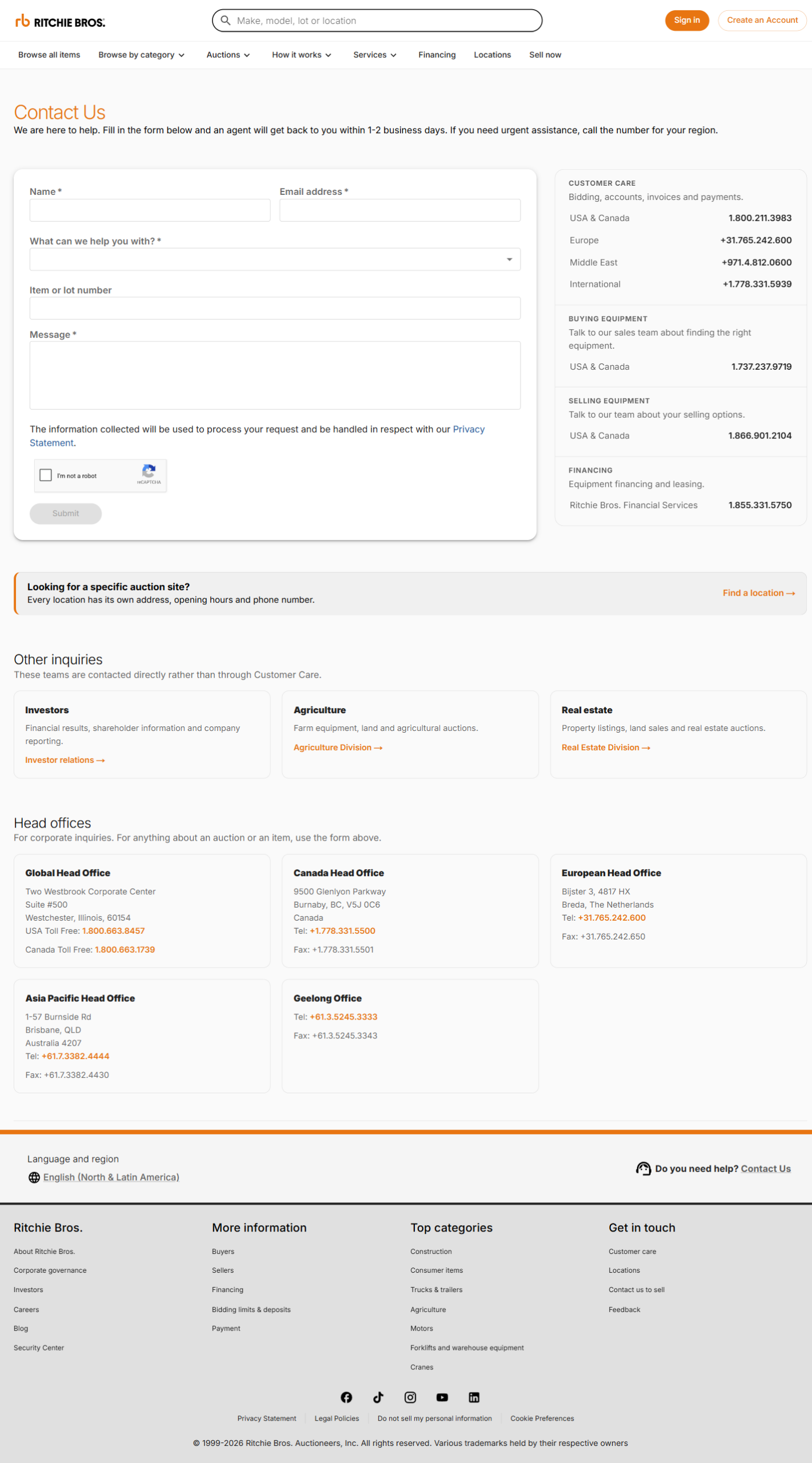 New Contact Us page with the form beside phone numbers grouped by team