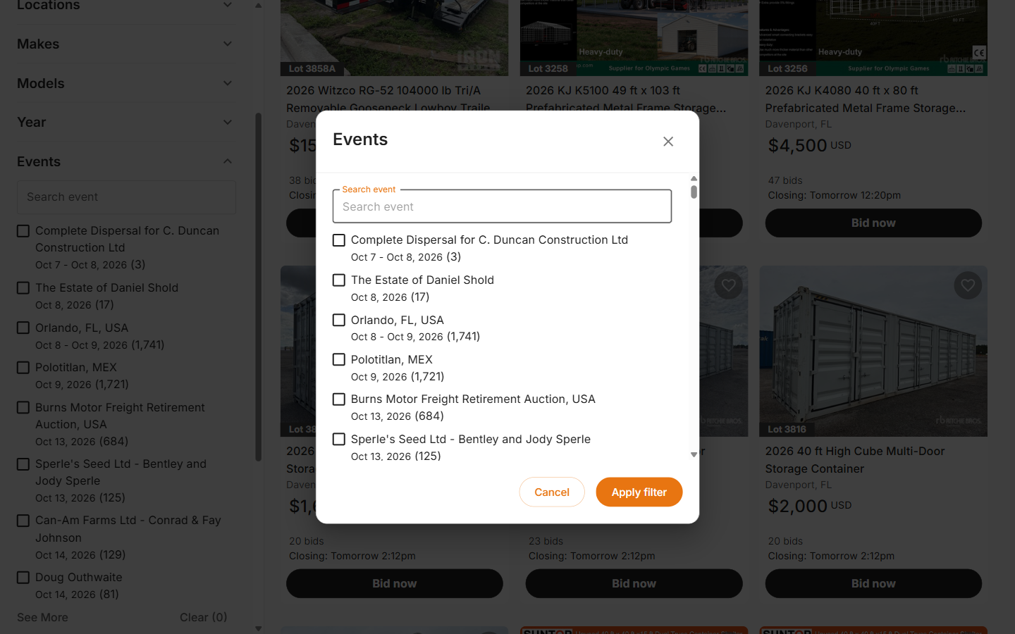 Events window with a Search event box above the list of auctions