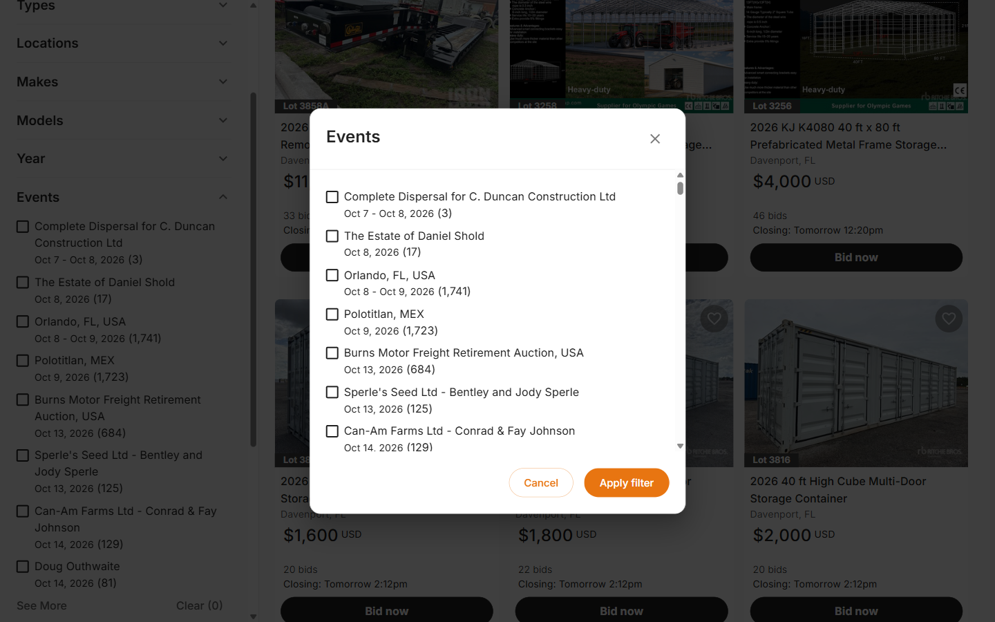Events window with a long list of auctions and no way to search it